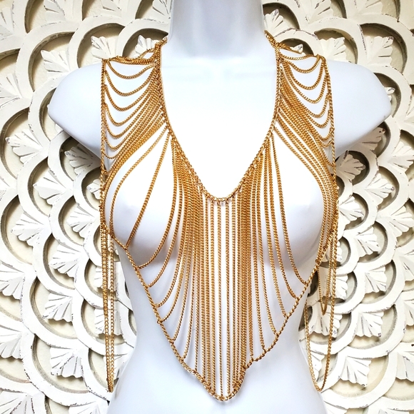 Jewelry - Body Chain Sexy Rave or Bikini Jewelry Bib Vest Goldtone